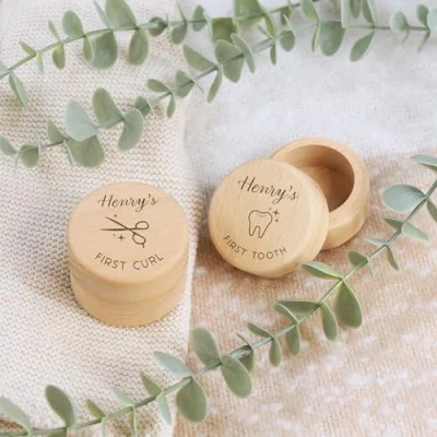 Image of eBuyGB Personalised First Tooth and Curl Set, Baby’s Gift, New Baby, Christening Baby Shower, Wooden Engraved Trinket Box, Haircut