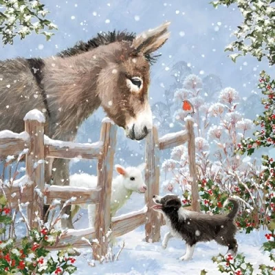 Image of Charity Christmas Cards Sold in Aid of Macmillan Cancer Support Pack 8 Donkey, Lamb and Puppy Country Companions Made the UK Eco Friendly