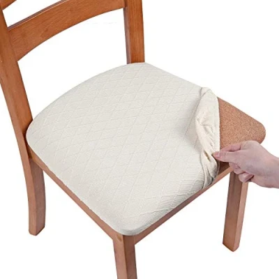 Image of smiry Stretch Chair Seat Covers for Dining Room, Jacquard Protectors Removable Washable Slipcovers, Set of 4, Beige