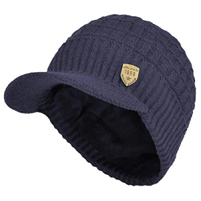 Image of Yixda Men&#039;s Winter Hat with Peak Warm Knitted Beanie Cap Fleece Lining, navy, One Size