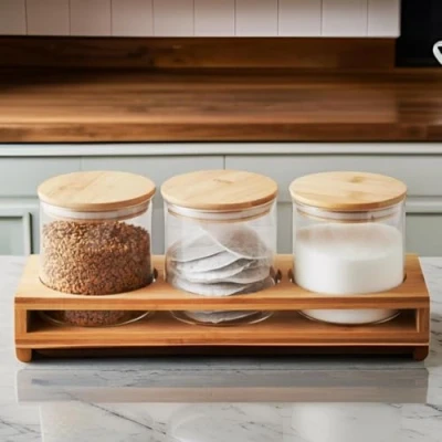Image of Dylex Set Of 3 Glass Tea Coffee Sugar Jars Canisters with Bamboo Stand Kitchen Storage