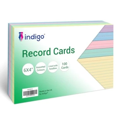 Image of indigo® Assorted Record Cards Lined with Headline Pack of 200 Multi Coloured 6 x 4 Revision Flash