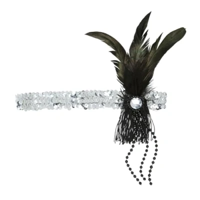 Image of WIDMANN 9096H Headband with Sequins, Feathers and Pearls, Adult Woman, 20s, 30s, Charleston, Gangster, Carnival, One Size, Silver Color