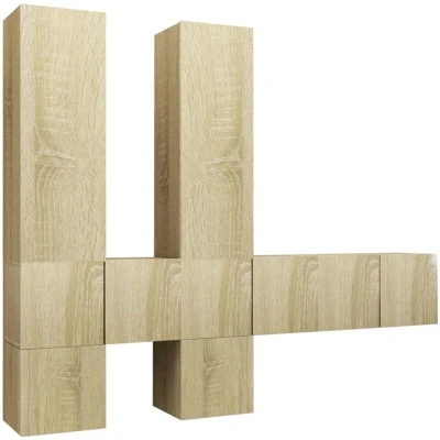 Image of vidaXL 7 Piece TV cabinet set in Sonoma Oak Engineered Wood Wall Attached Modern Stand with Ample Storage for Living Room or Bedroom