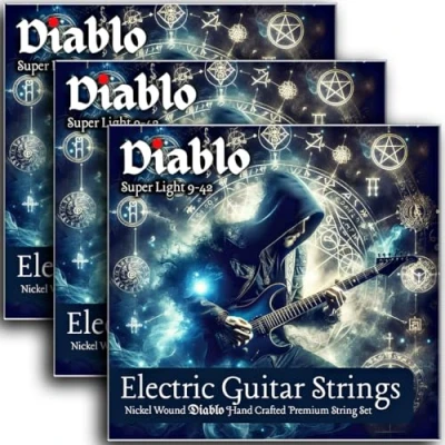 Image of Diablo Electric Guitar Strings, 3 Pack, 9 42 Super Light Gauge 9s Nickel Wound Maximum Sustain and Tone. Multipack of Sets
