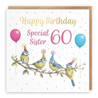 Image of Hunts England 60th Sister Blue Tits Birthday Card Luxury Gold Foil Milo&#039;s Gallery Age 60 Wildlife Funny For Year Old Animal Fan Sixty