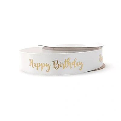 Image of White Ribbon with Gold Writing Happy Birthday Decoration (White) …