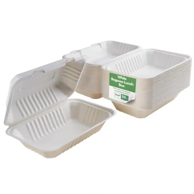 Image of CaterCo Disposable Bagasse Clamshell Food Containers 9 x 6 inch 50 Pack Biodegradable Sugarcane Container Box, Compostable, Eco Friendly, Takeaway Boxes, (9x6 Inch, 1 Compartment)