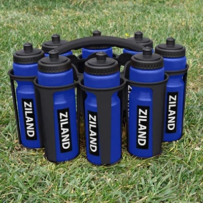 Image of Ziland Academy Easy Squeeze Water Bottle Set [8 x 700ml Bottles 1 Carrier] [Choose Your Colour] Designed for Sport Teams (Blue Black Carrier)