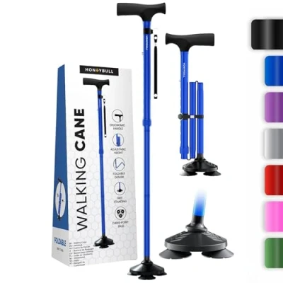 Image of HONEYBULL Walking Stick for Men &amp; Women Foldable, Adjustable, Collapsible, Free Standing Cane, Pivot Tip, Heavy Duty, with Travel Bag Folding Canes Seniors Adults (Blue)