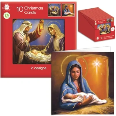 Image of Tom Smith Giftmaker Pack 10 Square Christmas Cards 2 Festive Classic Nativity Designs 14cm
