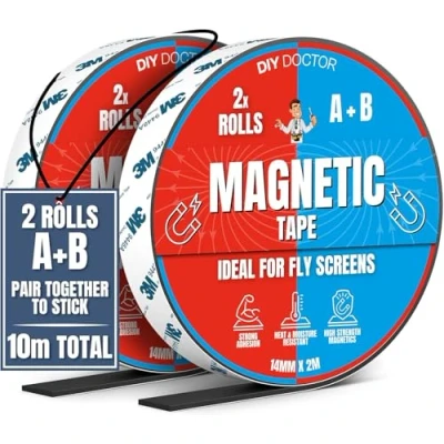 Image of DIY Doctor A+B Magnetic Tape for Fly Screens 10 Metres of Strong Strips Self Adhesive Cut To Fit Sticky Strip 5m + A and B Polarity Thin Magnet