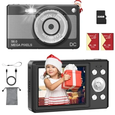 Image of FHD 1080P Digital Camera 8X Zoom 56MP All in One with 32G Card &amp; 2 Batteries Portable for Teens Students Beginners (Black)
