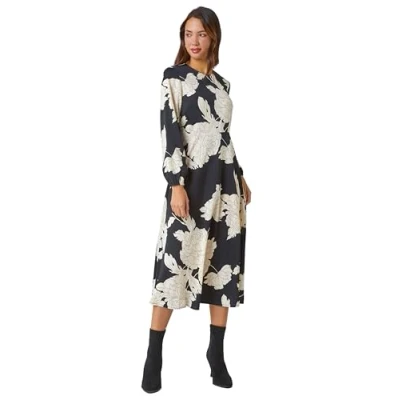 Image of Roman Floral Contrast Print Midi Dress for Women UK Ladies Autumn Everyday Winter Holiday Round Neckline Comfy Long Sleeve Soft Fit &amp; Flare Frock Dinner Date Gowns Black Size 14