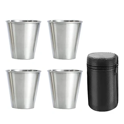 Image of Persistence Stainless Steel Shot Cups, Set of 4 Metal Glasses, Stackable, Hip Flask Small with Leather Bag for Outdoor