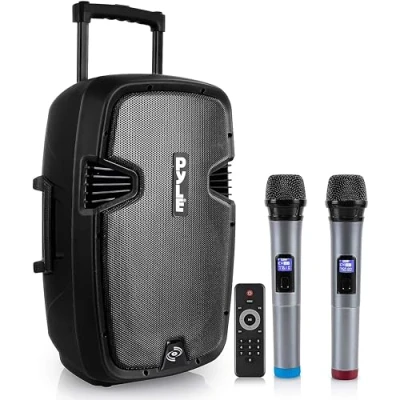 Image of Pyle Karaoke Portable PA Speaker System 1600W Active Powered Bluetooth Compatible Speaker, Rechargeable Battery, USB MP3 RCA, FM Radio, 2 UHF Microphones, Remote Control