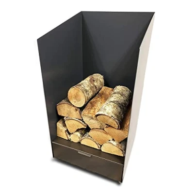Image of Volcann 65cm Tall Compact Steel Firewood Log Basket with Drawer Fireplace Wood Holder Metal Store Handheld, Storage for Indoor Woodstove, Fireside Accessories