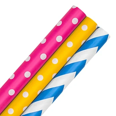 Image of Hallmark Wrapping Paper, Roll Wrap, Pack of 3, 3 Colours, Pink, Yellow, Blue, Polka Dot and Zig Zags, 2M Each