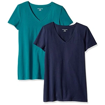 Image of Amazon Essentials Women&#039;s Classic Fit Short Sleeve V Neck T Shirt, Pack of 2, Dark Green/Navy, XXL
