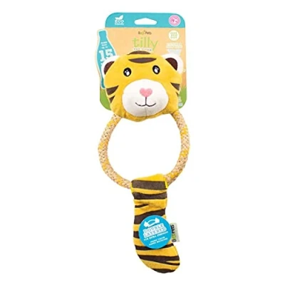 Image of Beco Dog Toy Recycled Soft Tiger with Tug Rope, Puppy Friendly, Squeaker, Large