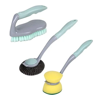 Image of Plastic Reusable 3 Piece Dish Washing Up Sponge Scrubbing &amp; General Cleaning Brush Set (Pale Green)