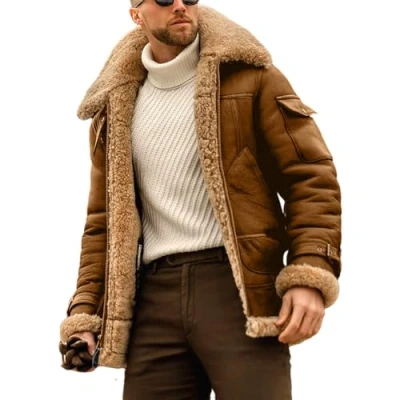 Image of EsukAr Mens Aviator Shearling Sheepskin Leather Bomber Flying Jacket,Brown,S