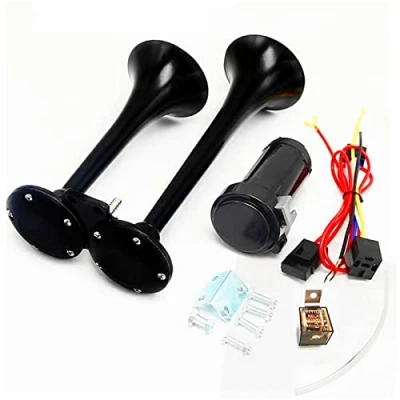 Image of YIYIDA Car Horn Air 150DB trumpet Black Speaker Chrome Zinc Super Loud Double Tube with Pump truck Electric for any 24V van boat motorcycle lorries train etc
