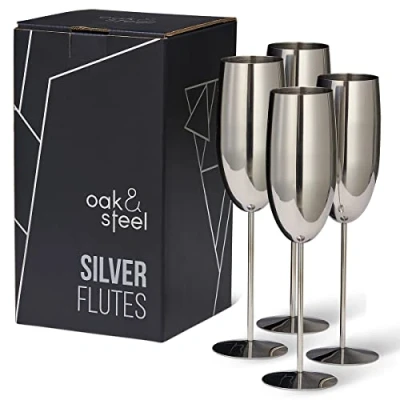 Image of Oak &amp; Steel 4 Silver Stainless Champagne Flutes with Gift Box, 284 ml Elegant, Solid Unbreakable Birthdays, Weddings, Valentine&#039;s Day