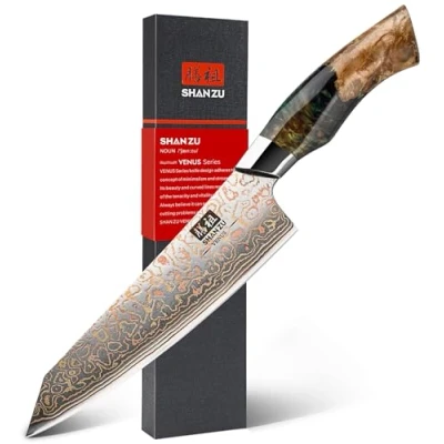 Image of SHAN ZU Damascus Chef Knife 8 inch, Japanese Kitchen Knives Copper &amp; Steel High Carbon 33 Layer Hand Forged Utility Professional Sharp Carving with Maple Wood Handle
