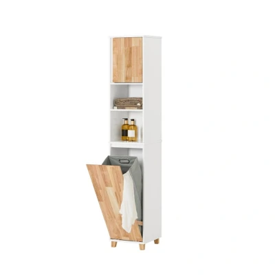 Image of Bathroom Tall Cabinet Cupboard with Laundry Basket,BZR74 W Sobuy