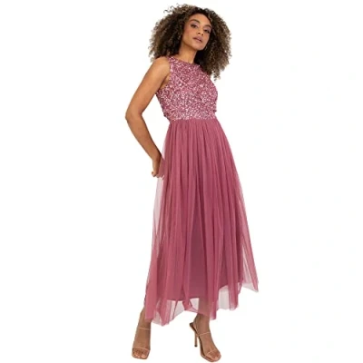 Image of Maya Deluxe Women&#039;s Midaxi Dress Ladies Sleeveless Sequins High Empire Waist Tulle Embellished for Wedding Guest Ball Bridesmaid, Desert Rose, 20