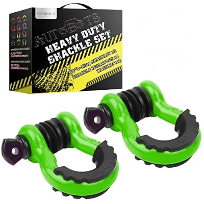 Image of AUTOBOTS D Ring Shackles 3/4&quot; (2 Pack), Bow Shackle 41,887Ib Break Strength Winch with 7/8&quot; Screw Pin, Isolator &amp; Washers Kit for Tow Strap, Off Road Towing Jeep Vehicle Recovery,Green Black