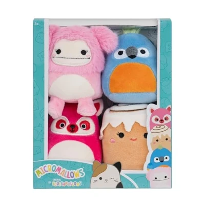 Image of Micromallows Squishmallows Original 4 Pack Brina Bigfoot, Chanel Cinnamon Roll, Lucia Lemur, Tenise Parrot