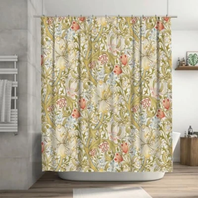 Image of Ansouyi William Morris Shower Curtain Set with 12 Hooks, Bath Curtains Waterproof Polyester Fabric, Lily Art Nouveau Floral Home Bathroom Bathtubs Decor Washable Durable 72&quot; Wx72 L