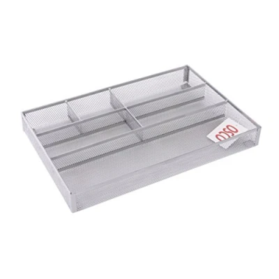 Image of OSCO Silver Wiremesh Drawer Organiser Desk Tidy Pen Holder Makeup Container Kitchen Storage Stationery Caddy 6 Compartments H4.4 x W33 D23 cm