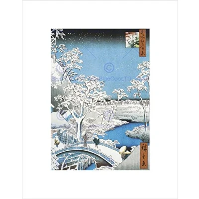 Image of Wee Blue Coo Painting Japanese Woodblock Winter Bridge Over River Wall Art Print