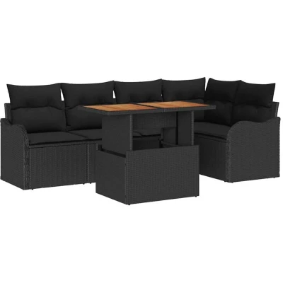 Image of vidaXL 6 Piece Garden Sofa Set with Cushions Black Poly Rattan