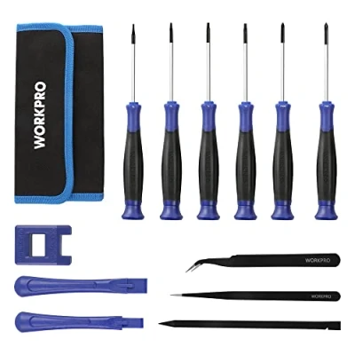 Image of WORKPRO Precision Screwdriver Set 12 Pieces Includes Magnetizer, 2 Tweezers, 3 Wrecking Bars, Storage Bag, Mini for Watch Tools Repair Fine Mechanics