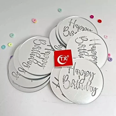 Image of 6 Pack Happy Birthday Cupcake Topper 2&quot; Inches Round Disk Gold, Rose Gold &amp; Silver Acrylic Cake Laser Cut Party Decoration (Silver x 6)