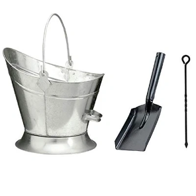 Image of Heavy Duty Metal Fireside Waterloo Bucket Fireplace Hod Scuttle Coal Fuel Ash Wood Log Storage Option with Shovel and Poker (Glavnised + Shovel&amp;Poker)