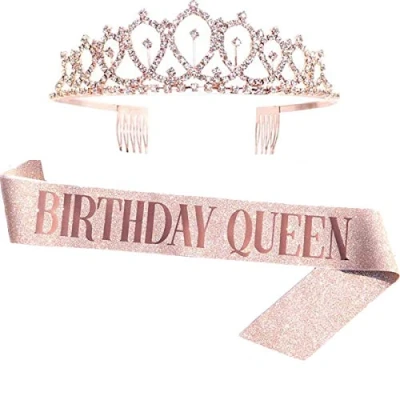 Image of Leixi Birthday Queen Sash &amp; Rhinestone Tiara Kit 21st 30th Gifts for Women Party Supplies (Rose Gold)
