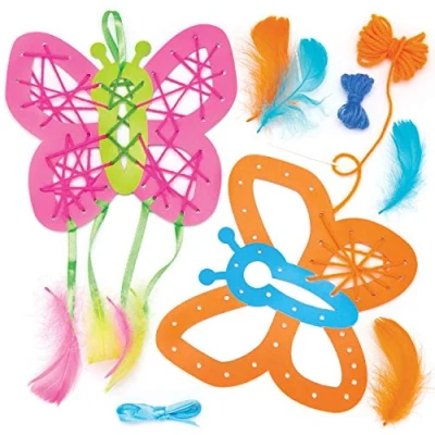 Image of Baker Ross AW406 Butterfly Dreamcatcher Kit (Pack of 4) Make Your Own Using Dream Catcher Supplies with Template, Wool, Feathers, Ribbon and Needle