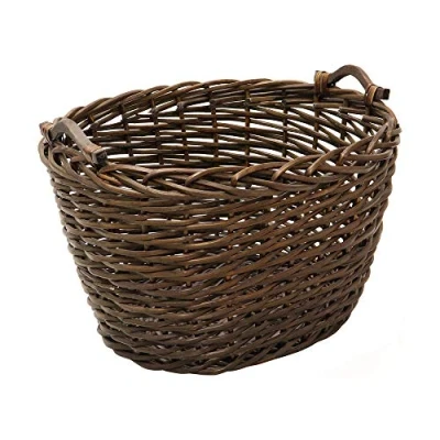Image of JVL Vertical Weave Oval Log Basket with Wooden Handles, Brown, Medium