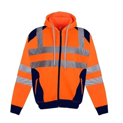 Image of Hi Viz Vis Contrast Patches Zip Up Hoodie Top High Visibility Reflective Tape Hooded Safety Sweatshirt Utility Work Zipper Winter Sweater (Orange/Navy 5X Large)
