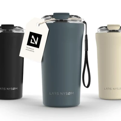 Image of LARS NYSØM Thermo Coffee Mug to Go with Strap 17oz Travel 0.5 Liter Insulation Leak Proof Stainless Steel Thermal Tumbler for and Tea (Stone Blue, 500ml)