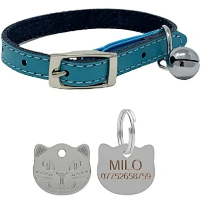 Image of Genuine Leather Cat Collar with Safety Elastic &amp; Bell Personalised Engraved Face Tag (Blue)