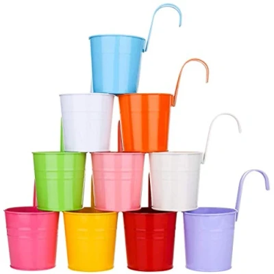 Image of KAHEIGN 10Pcs Metal Hanging Flower Pots, 10cm Plant Pots Bucket with Detachable Hook for Balcony Fence Garden Home Decor (10 Colors)
