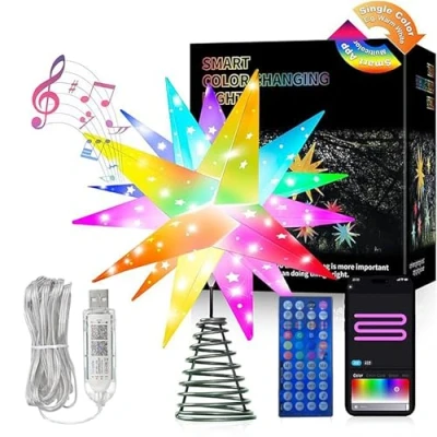 Image of LeuKoles 3D Christmas Star Tree Topper, 10&#039;&#039; Decoration, Bluetooth App Control, Music Synchronization, Outdoor Lights with Remote