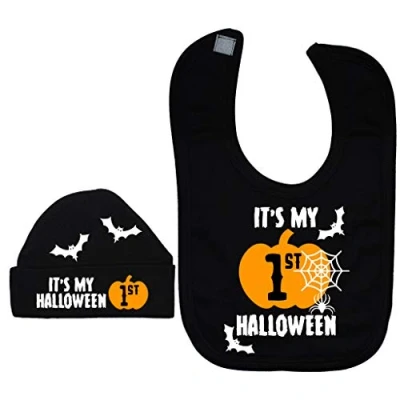 Image of Acce Products It&#039;s My First Halloween Web Baby Feeding Bib &amp; Beanie Hat 3 6 Months Black