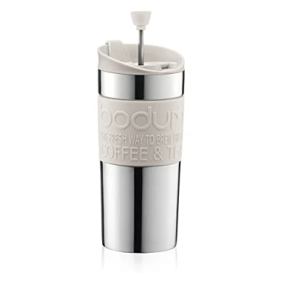 Image of BODUM Travel French Press Coffee Maker Set, Stainless Steel with Extra Lid, Vacuum, 0.35 L/12 oz, White